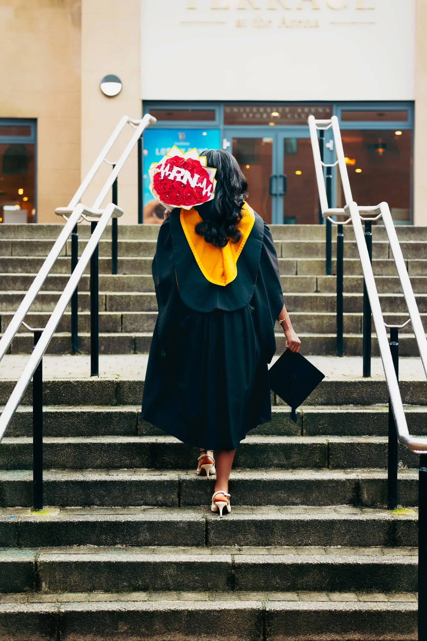 Eagle Productions Graduation Woman Cap Gown Stairs Balloon