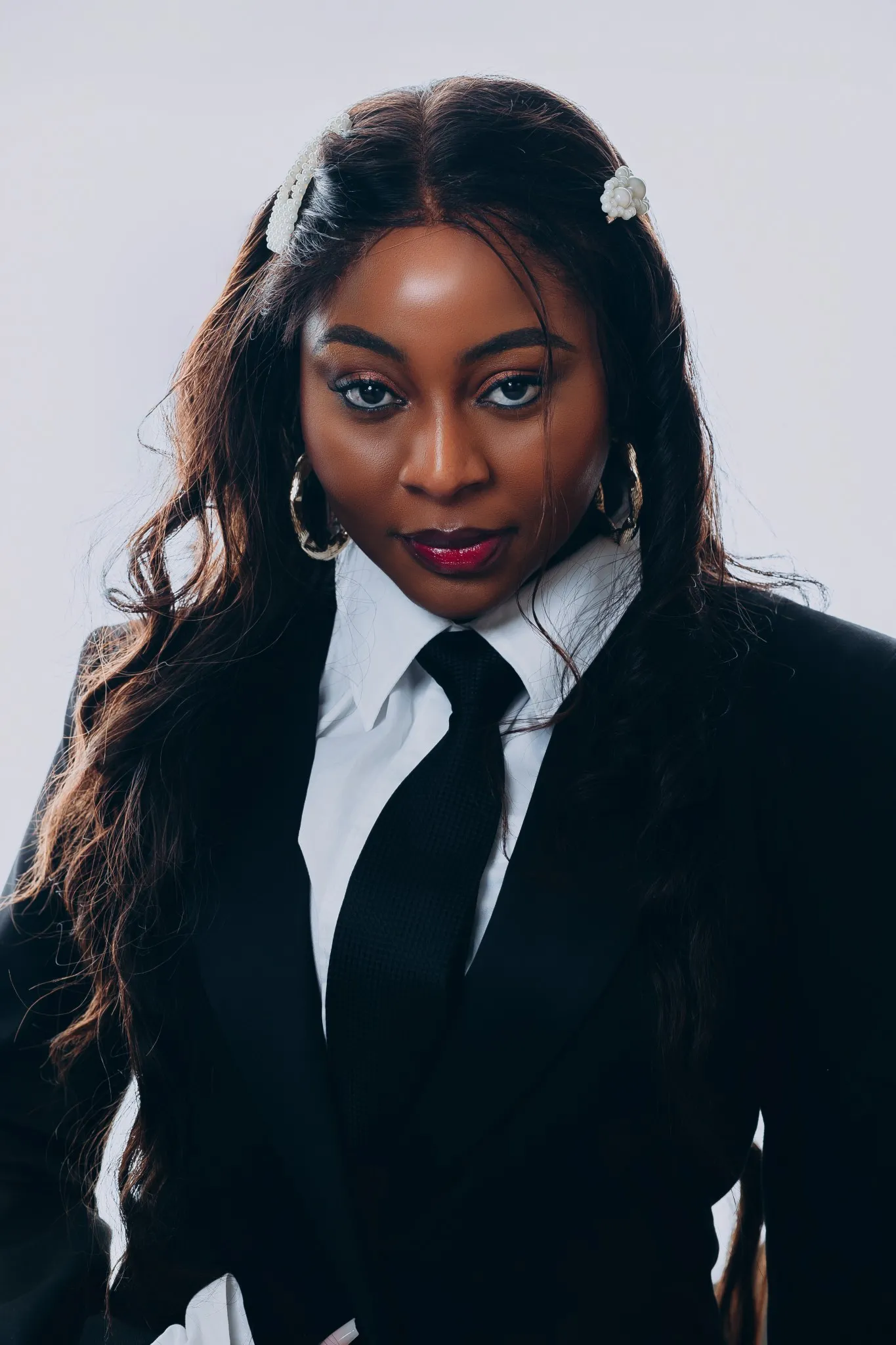 Eagle Productions Portraits Woman Black Suit Tie Studio