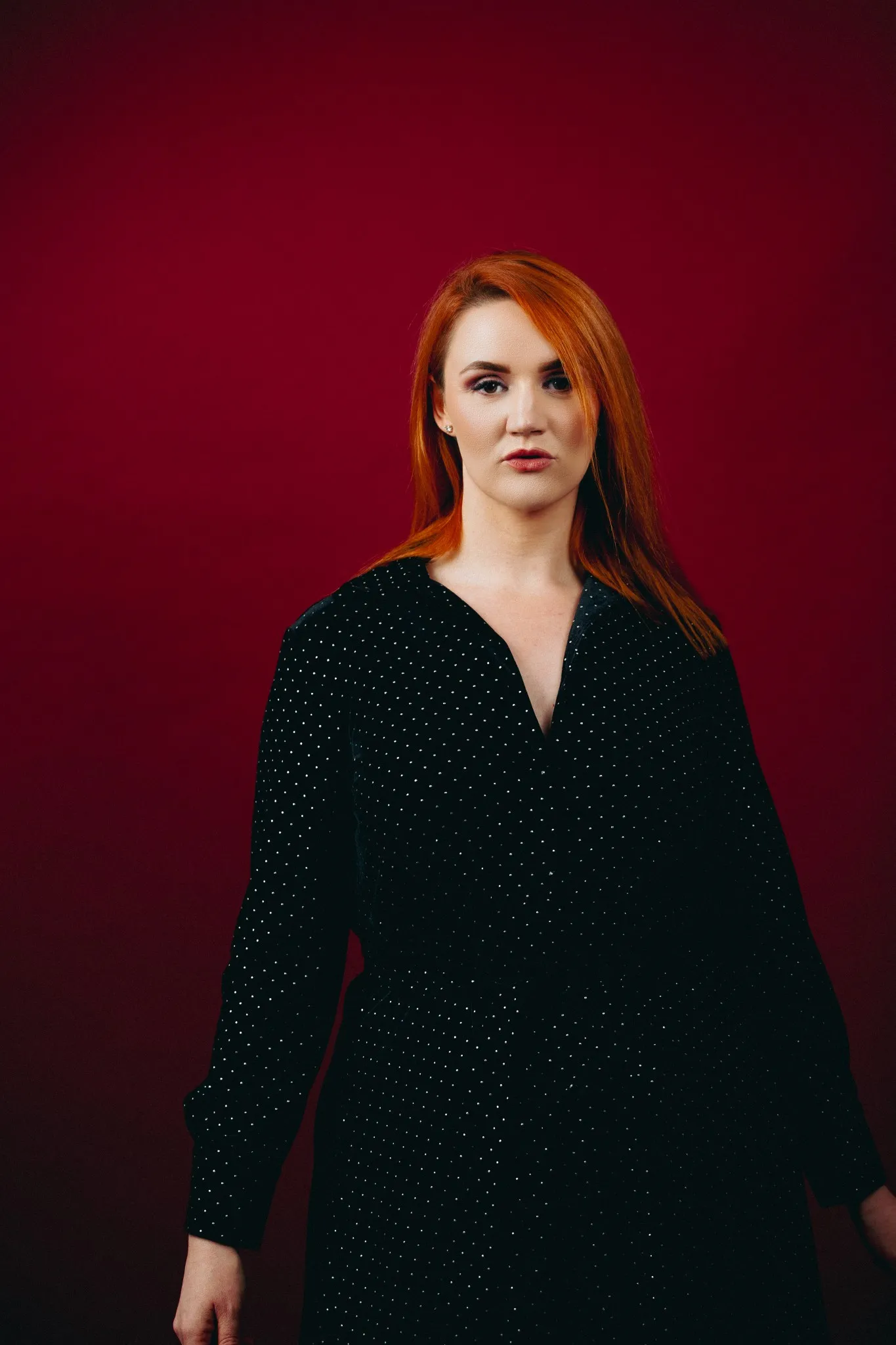 Eagle Productions Portraits Woman Black Top Red Background