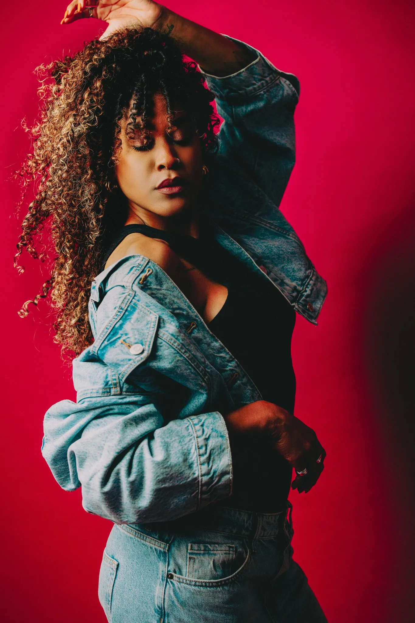 Eagle Productions Portraits Woman Denim Jacket Red Background