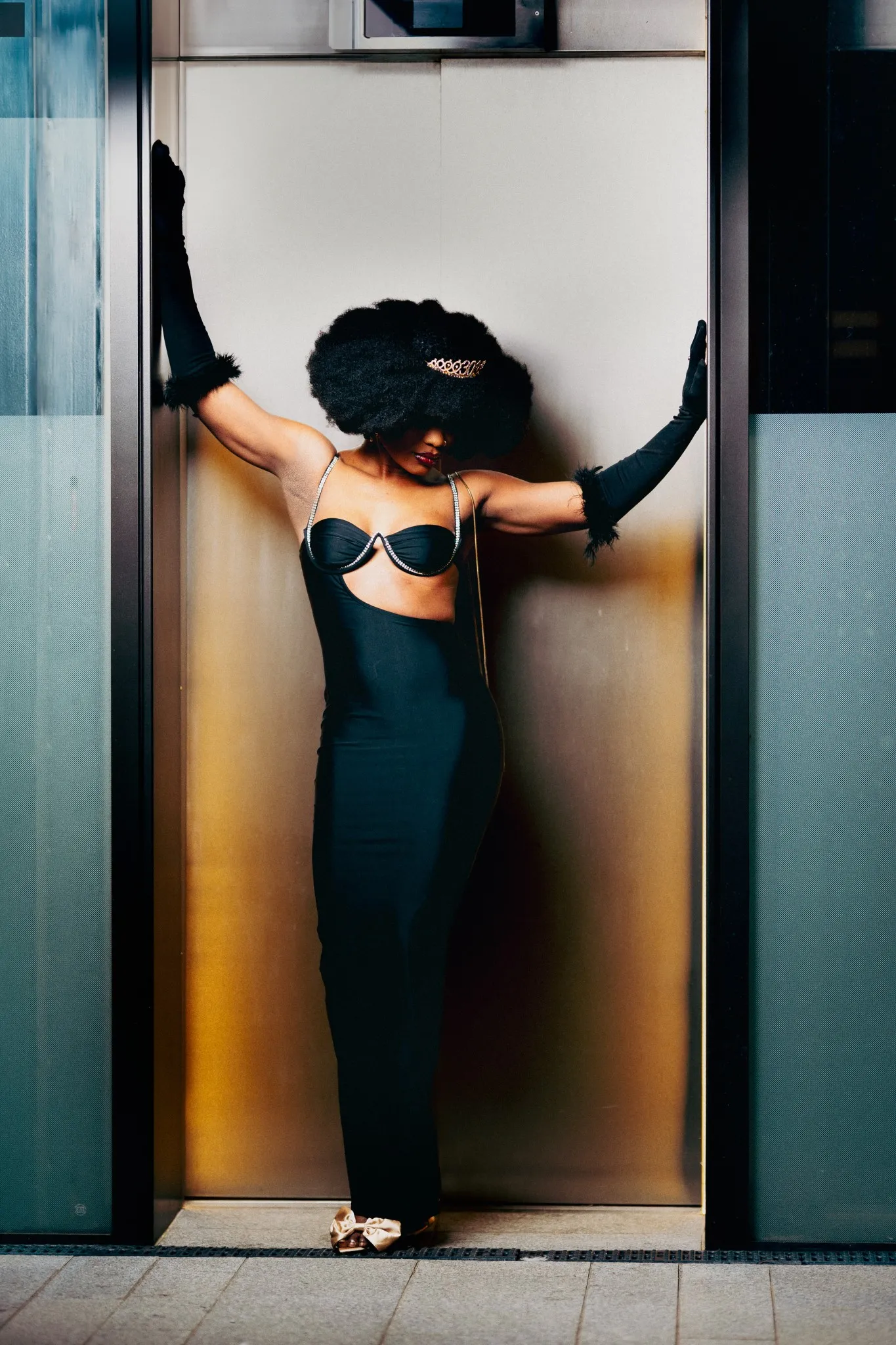 Eagle Productions Portraits Woman Teal Dress Elevator Door